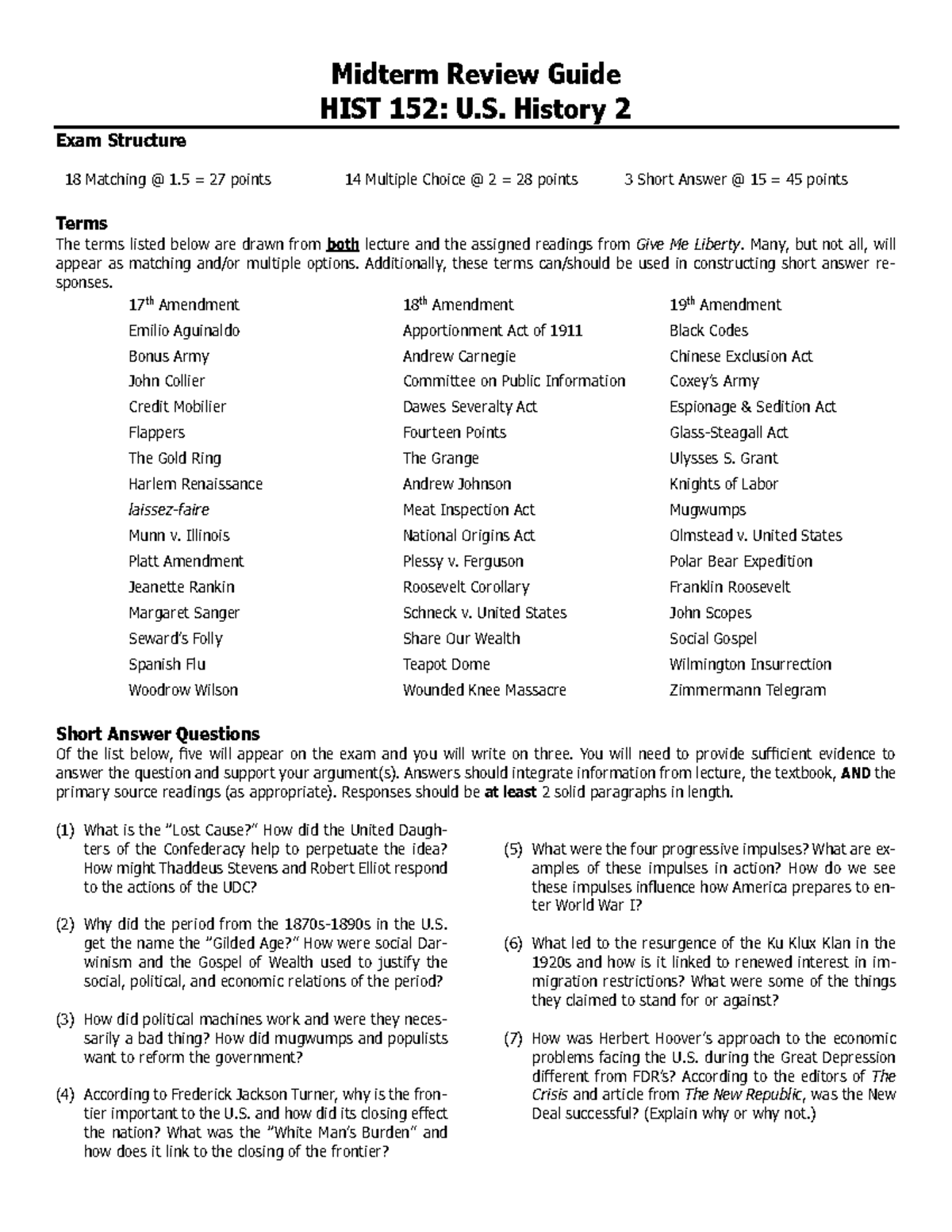 Midterm Review Guide for HIST 152: U.S. History II Exam Structure - Studocu