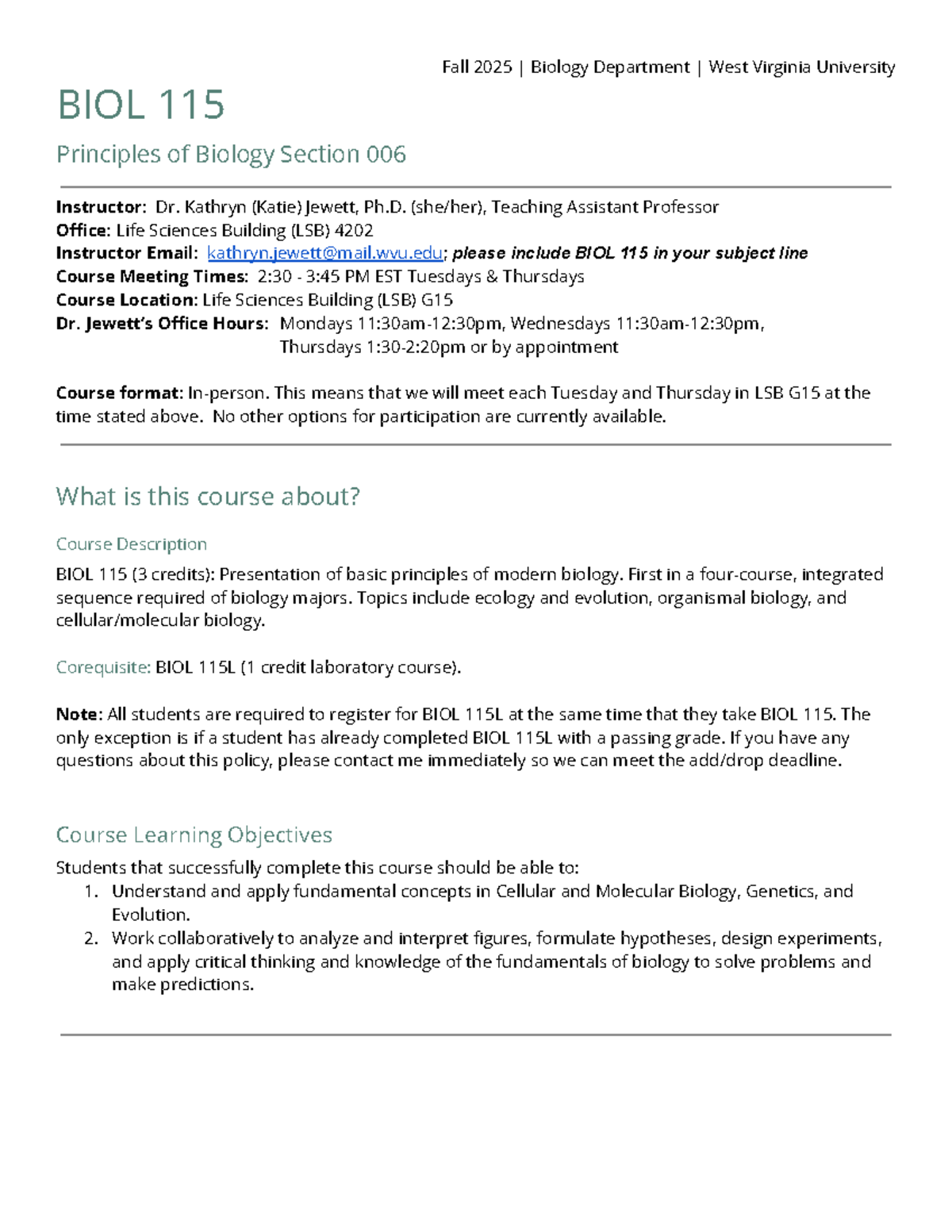 Jewett BIOL 115 006 Syllabus Fall 2025 - Principles of Biology - Studocu