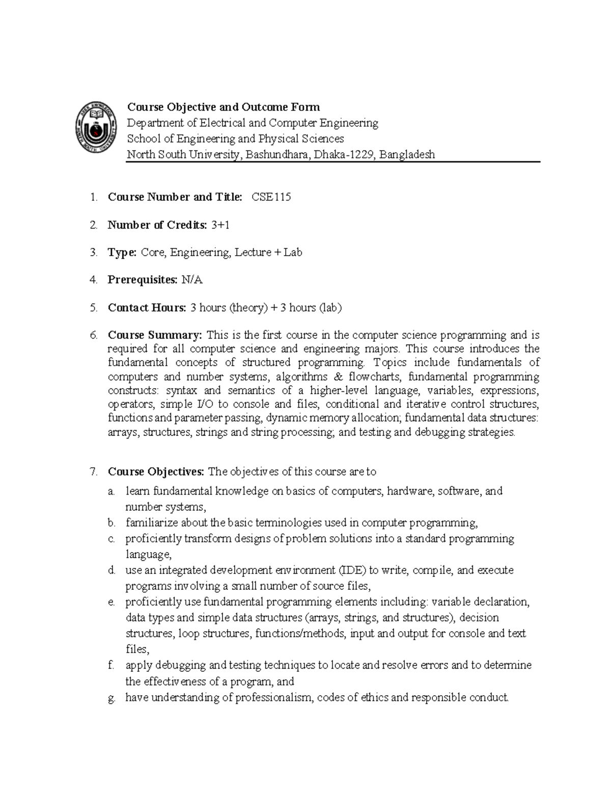 CSE115 CO - Course Outline - Course Objective and Outcome Form ...