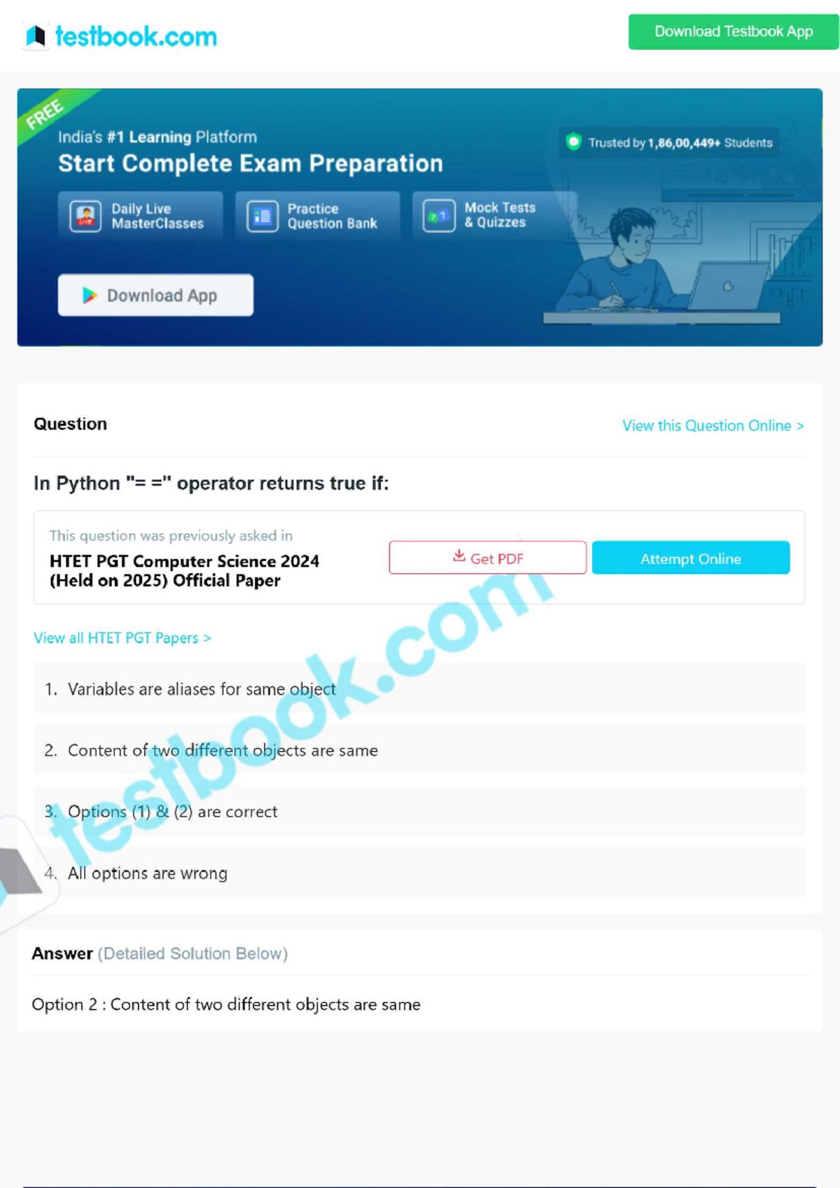 HTET PGT CS 2024: Python Operator True Condition Explained - Studocu
