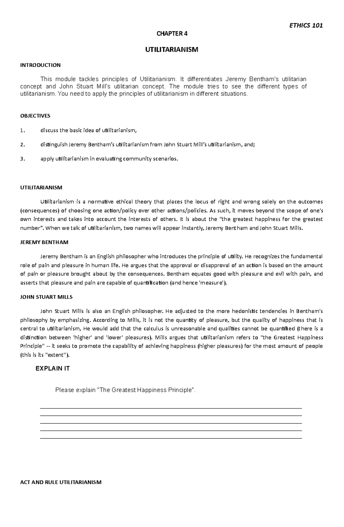 Chapter 4 - Understanding Utilitarianism in Ethics 101 - Studocu
