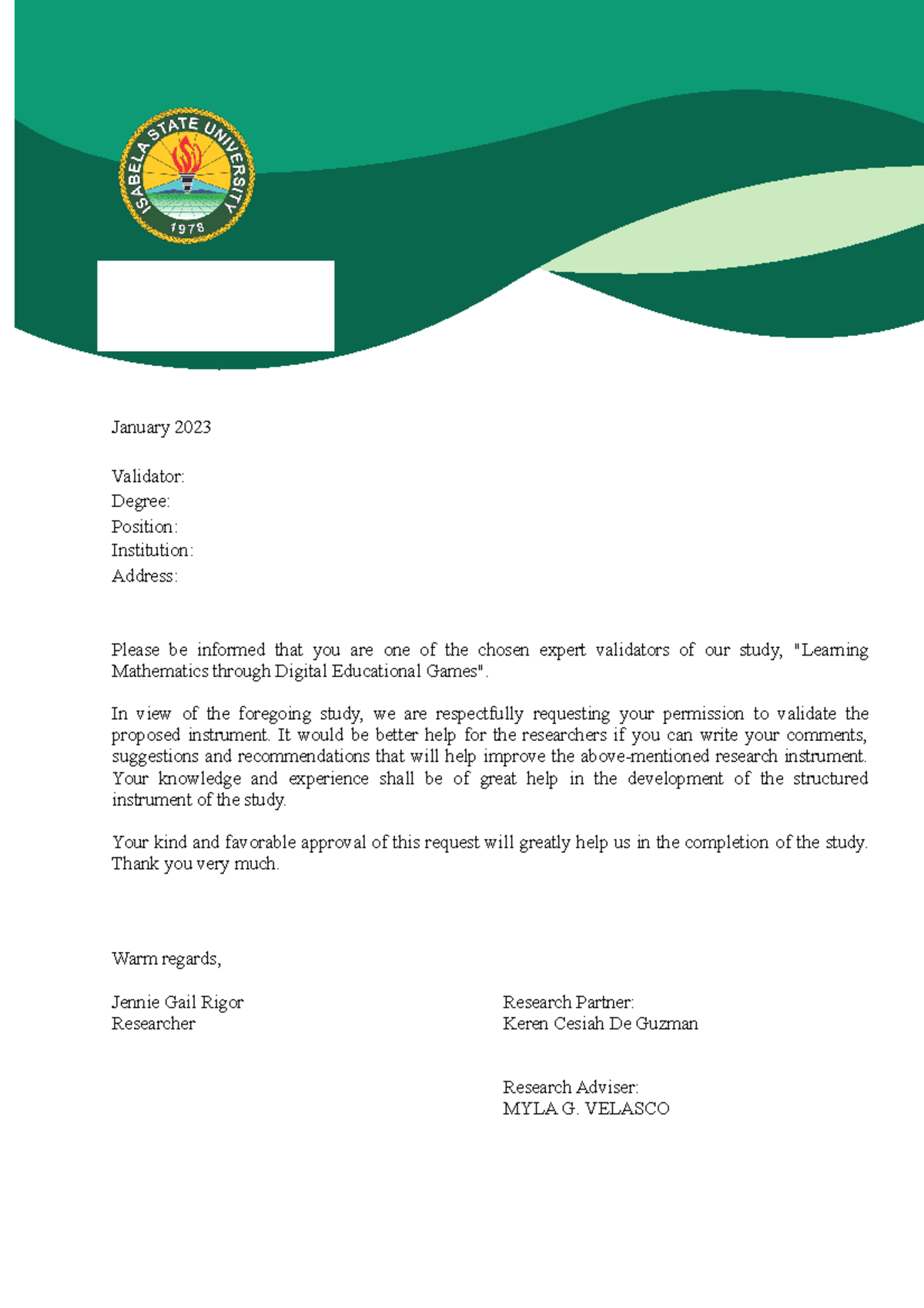 Request Letter for Validators in Digital Education Study - Studocu