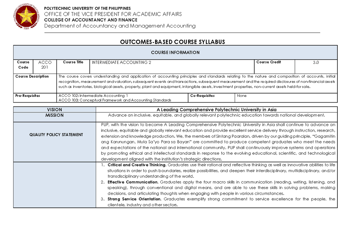 ACCO 201: Intermediate Accounting 2 Course Syllabus and Policies - Studocu