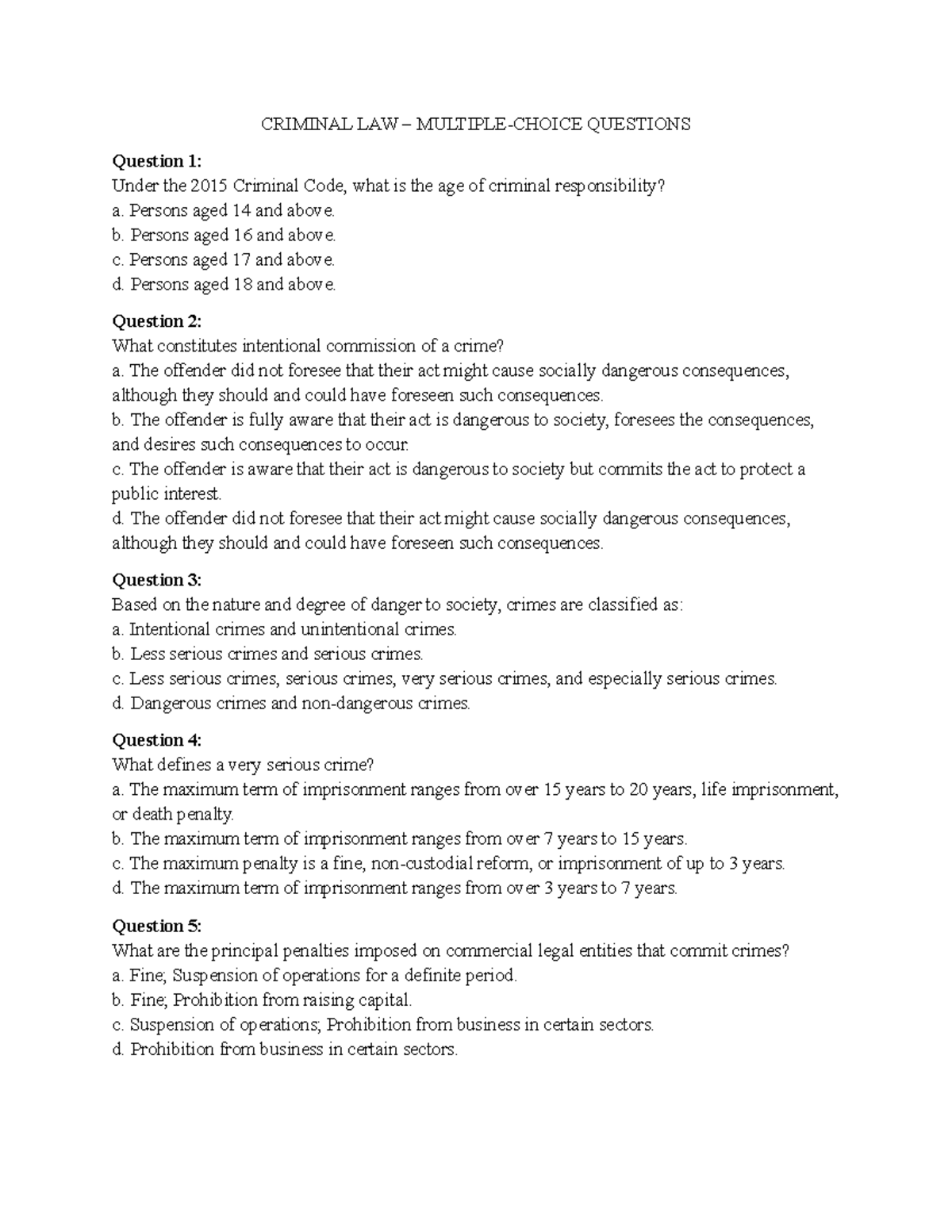 MCQs in Criminal Law (CRIM 101) - Key Concepts and Questions - Studocu