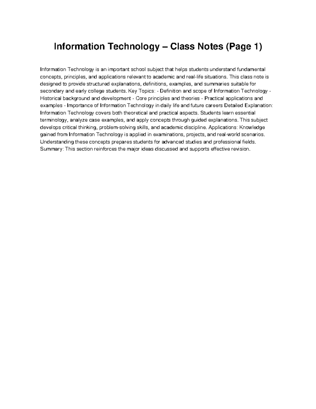 IT Class Notes: Key Concepts & Applications for Students - Studocu