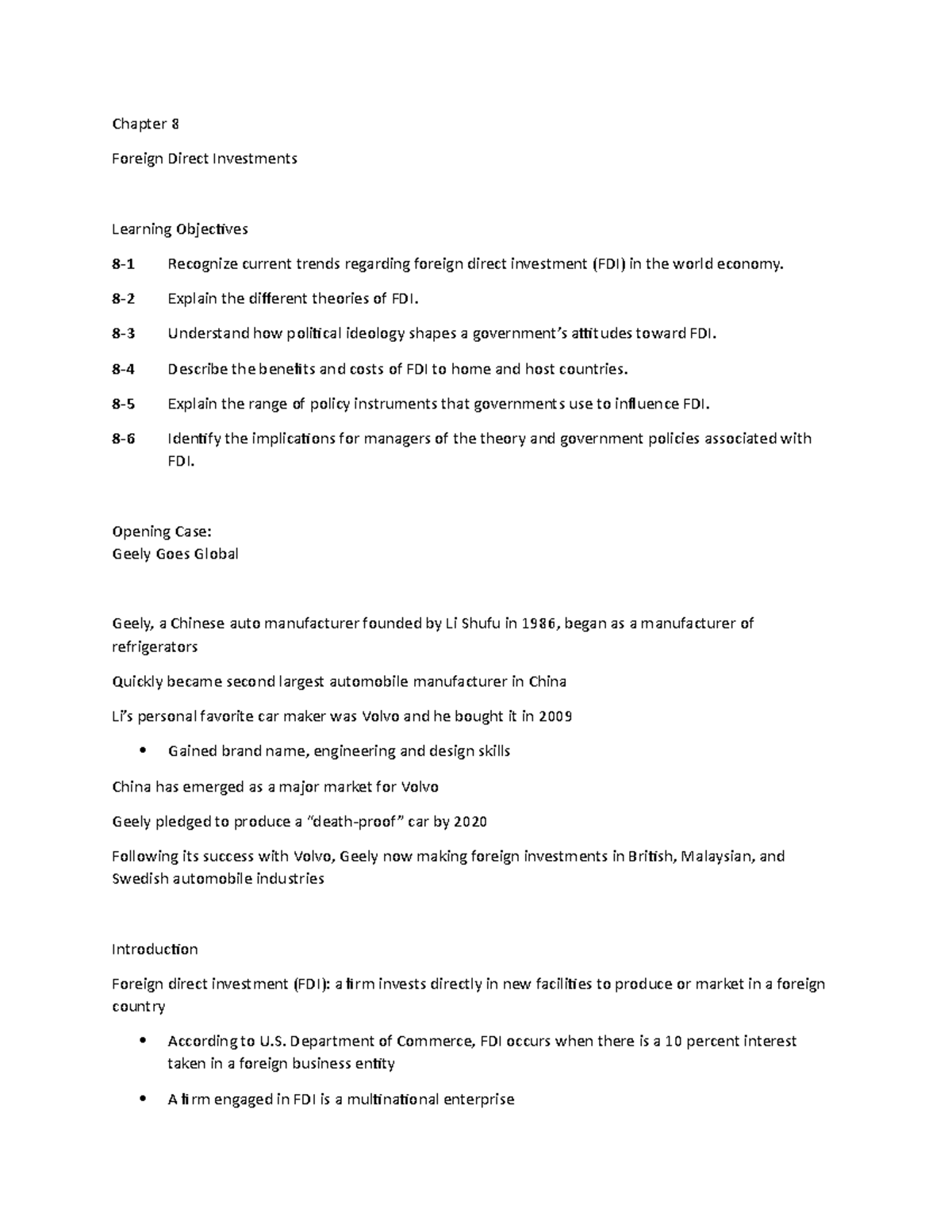 Chapter 8 Lecture Notes 1 - Chapter 8 Foreign Direct Investments ...