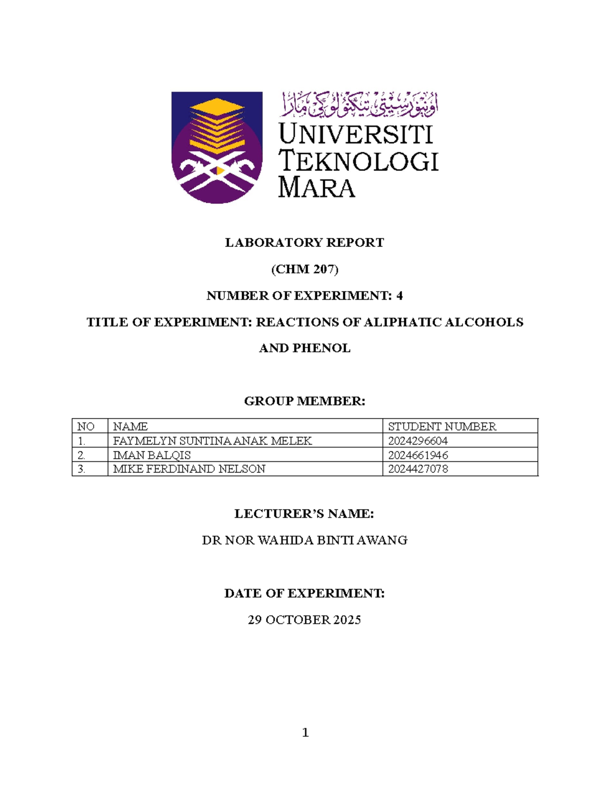 CHM 207 EXP 4 - Reactions of Aliphatic Alcohols and Phenols Lab Report ...