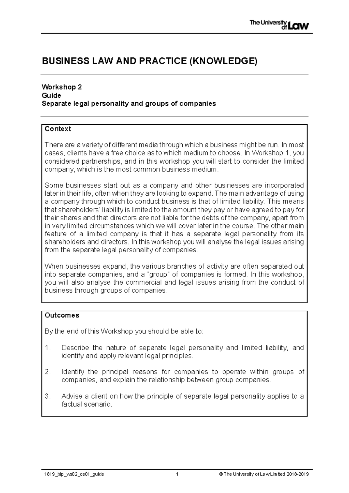 Separate legal personality & groups of companies - workshop guide ...
