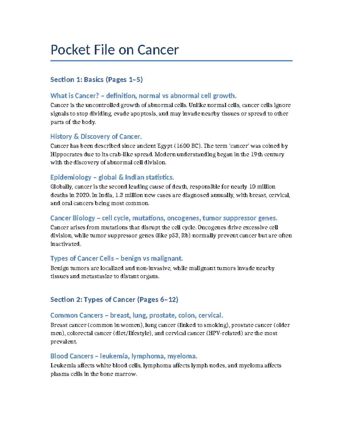 Pocket File on Cancer: Basics, Types, Causes, and Advances - Studocu