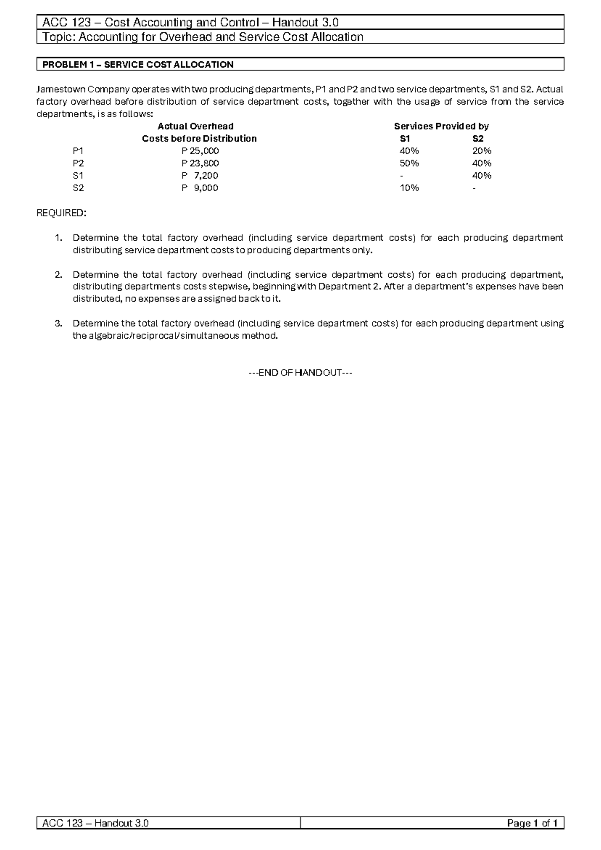 ACC 123 Cost Accounting Handout 3.0: Overhead & Service Cost Allocation ...