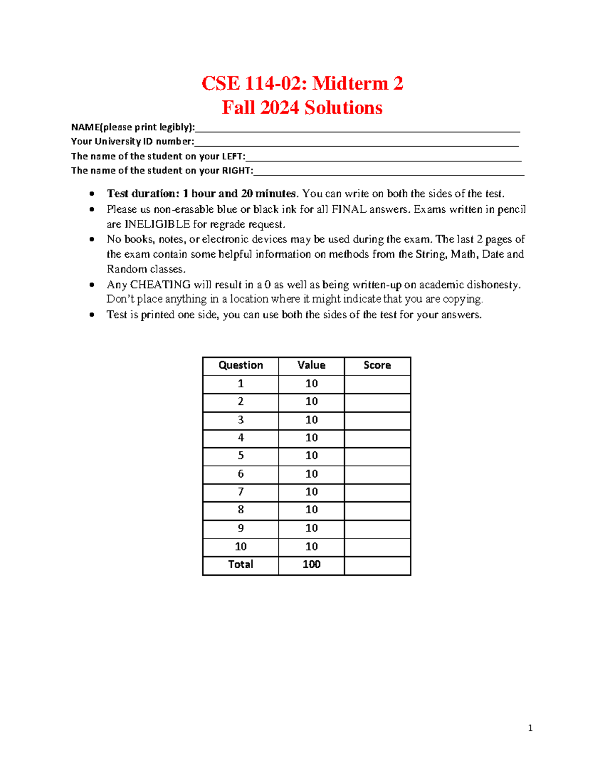 CSE 114-02: Midterm 2 Fall 2024 Solution Guide and Key Insights - Studocu