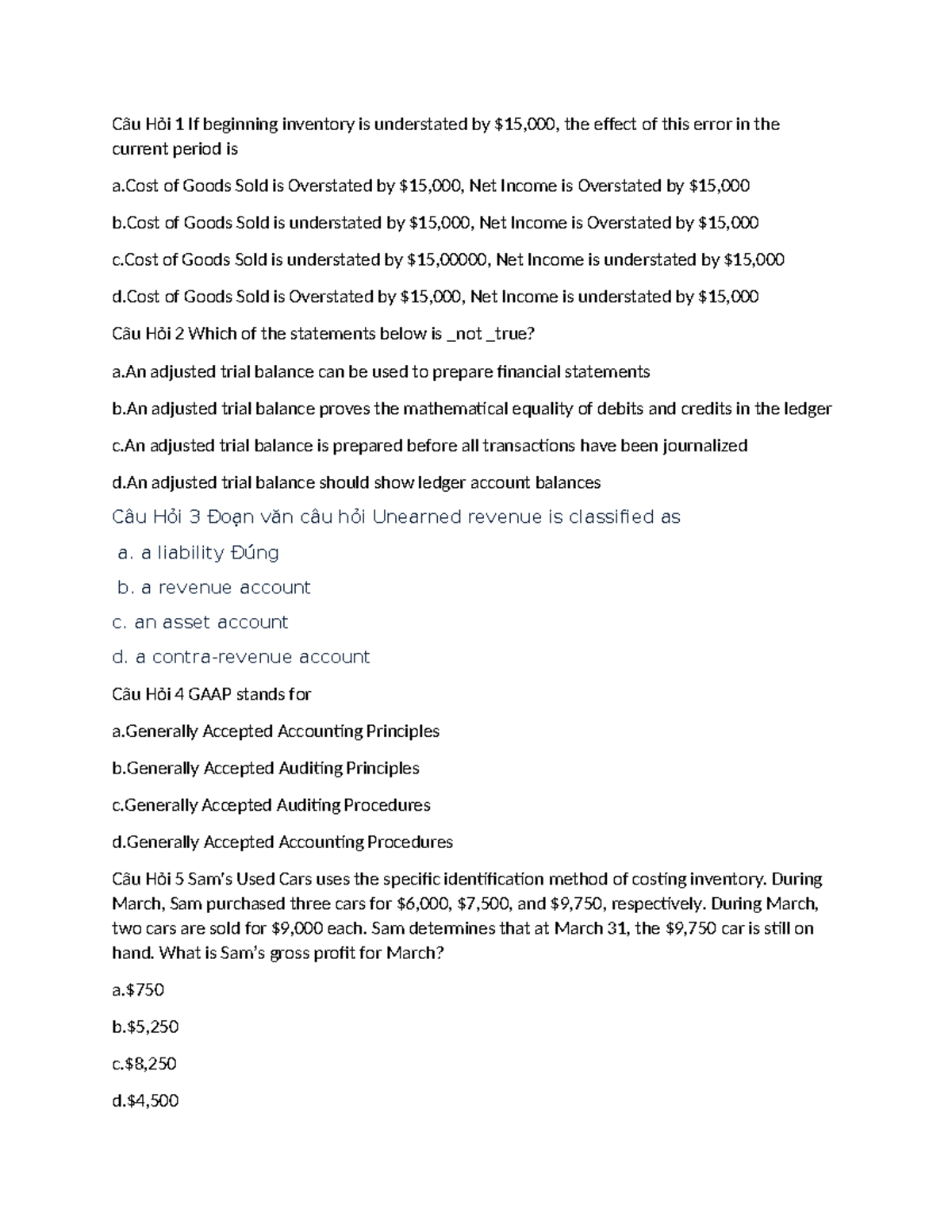 ĐỀ 2 - Final Exam Questions for Principles of Accounting - Studocu
