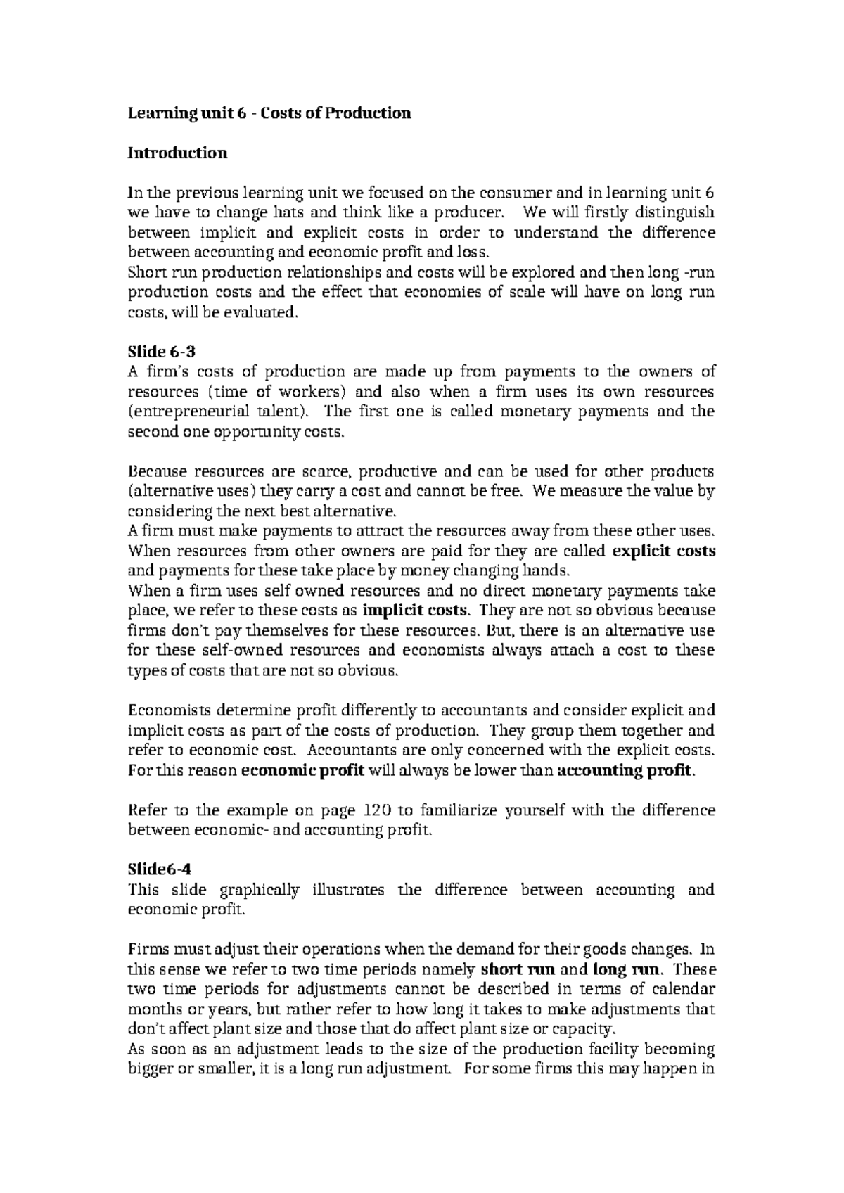 EKN11EB Notes Learning unit 3 - Learning unit 6 - Costs of Production ...