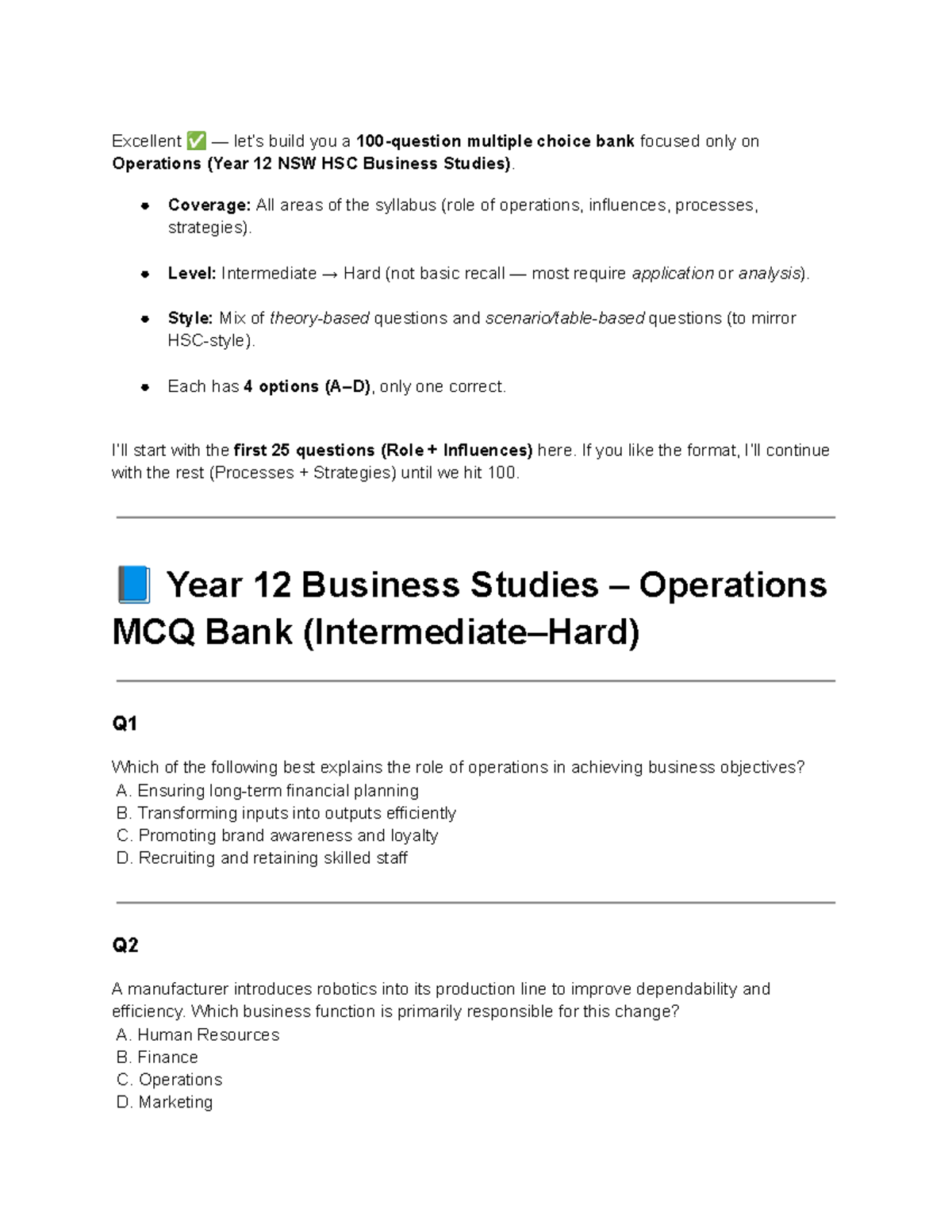 Year 12 NSW HSC Business Studies Operations MCQ Bank: Comprehensive ...