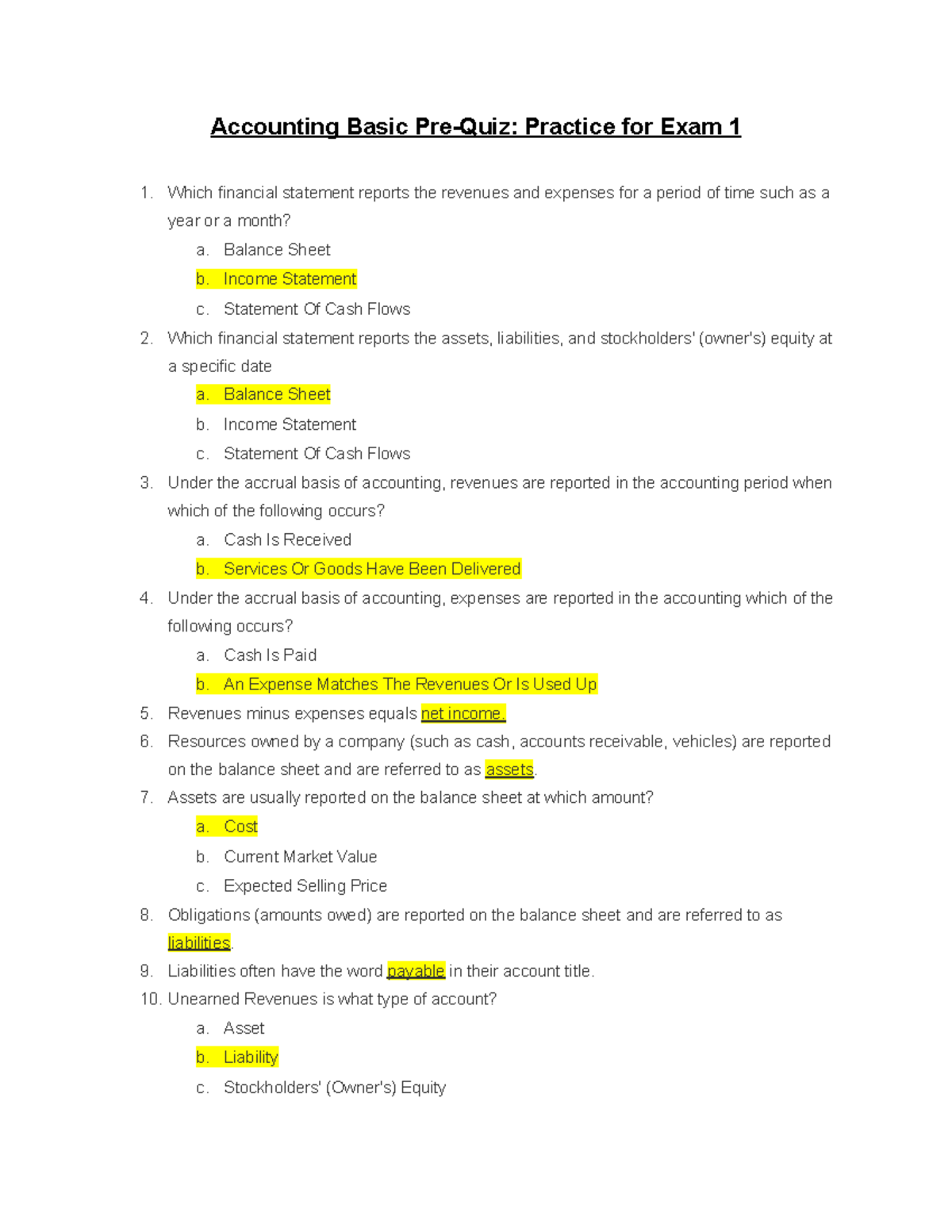 Accounting 101: Pre-Quiz Practice for Exam 1 - Studocu