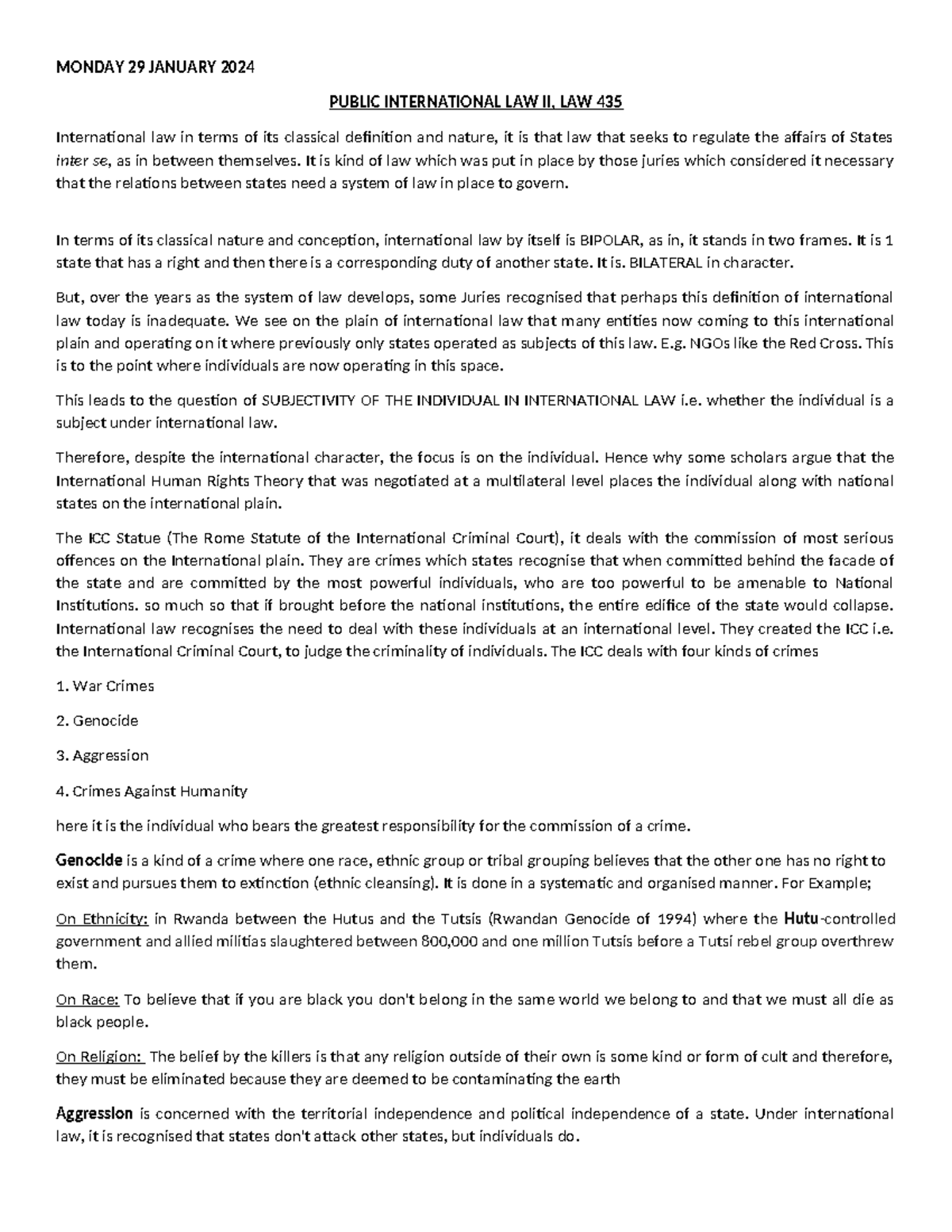 PIL II Lecture Notes on International Law & State Responsibility - LAW ...