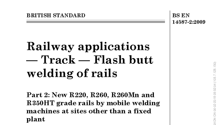 BS EN 14587-2: Mobile Flash Butt Welding of R220, R260, R260Mn, R350HT ...
