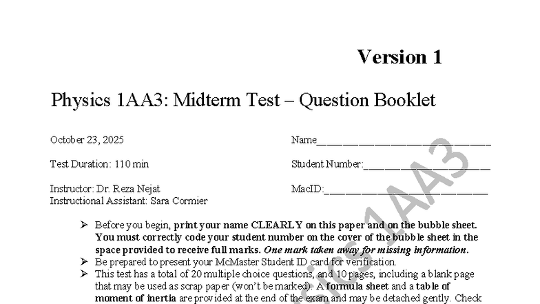 Physics 1AA3: Midterm Test Question Booklet - October 2025 - Studocu