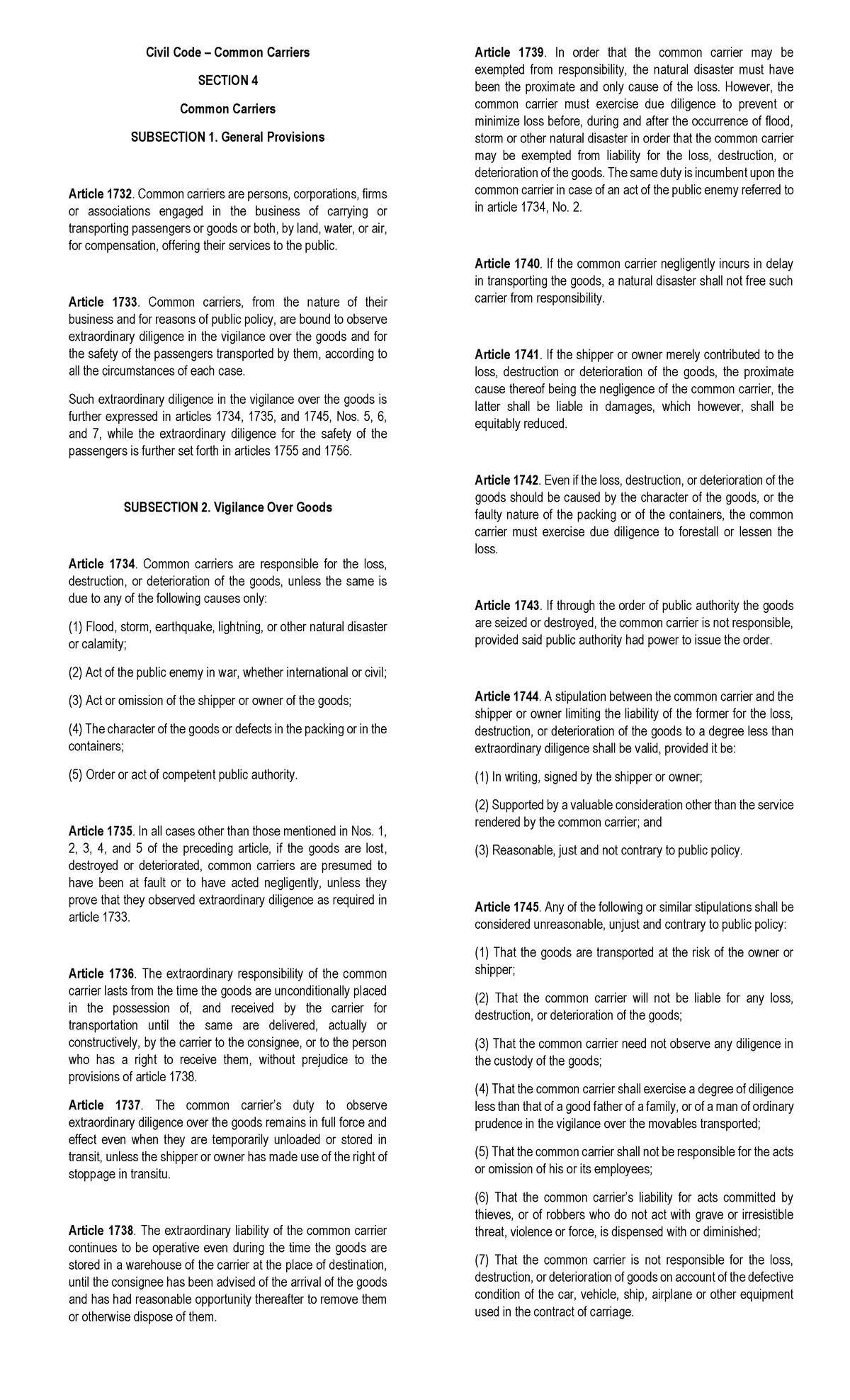 Civil Code – Common Carriers: Articles 1732-1745 Analysis - Studocu