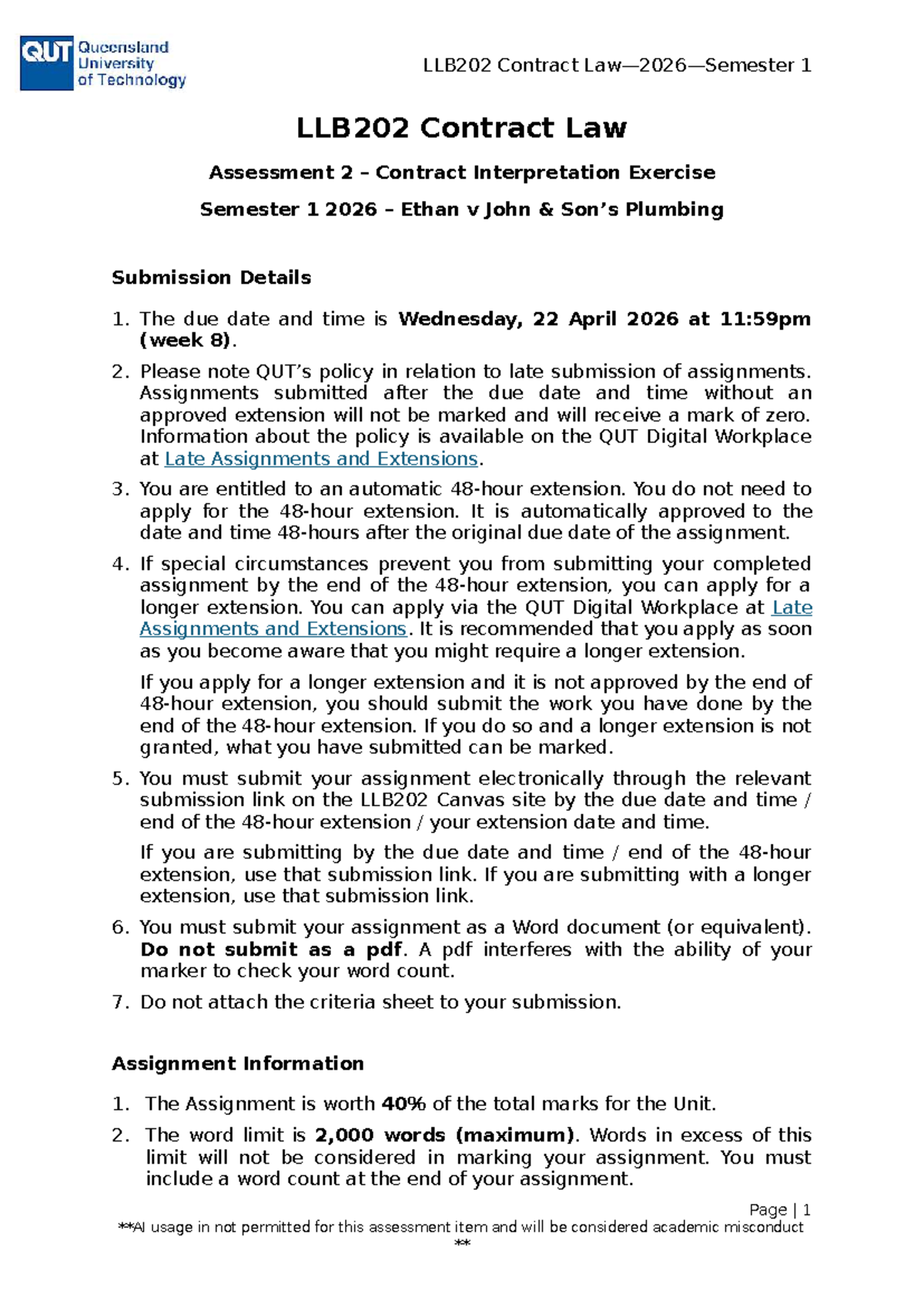 LLB202 Contract Law Assessment 2: Contract Interpretation Exercise ...