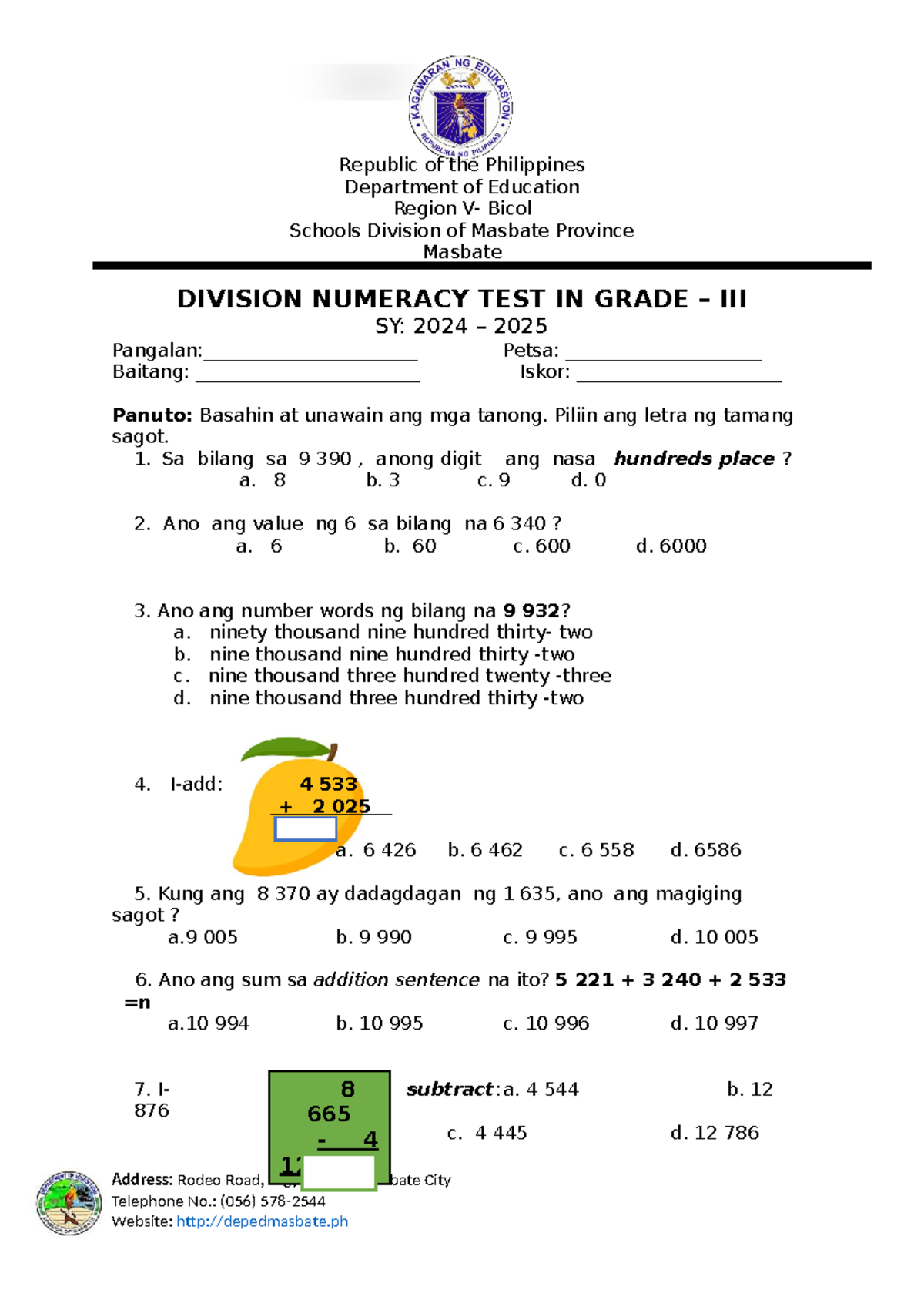 G3 - Division Numeracy Test for SY 2024-2025 in Masbate - Studocu