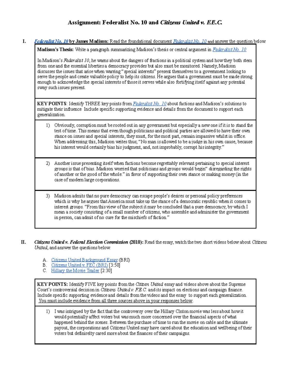 Fed10 and Citizens United - Assignment: Federalist No. 10 and 