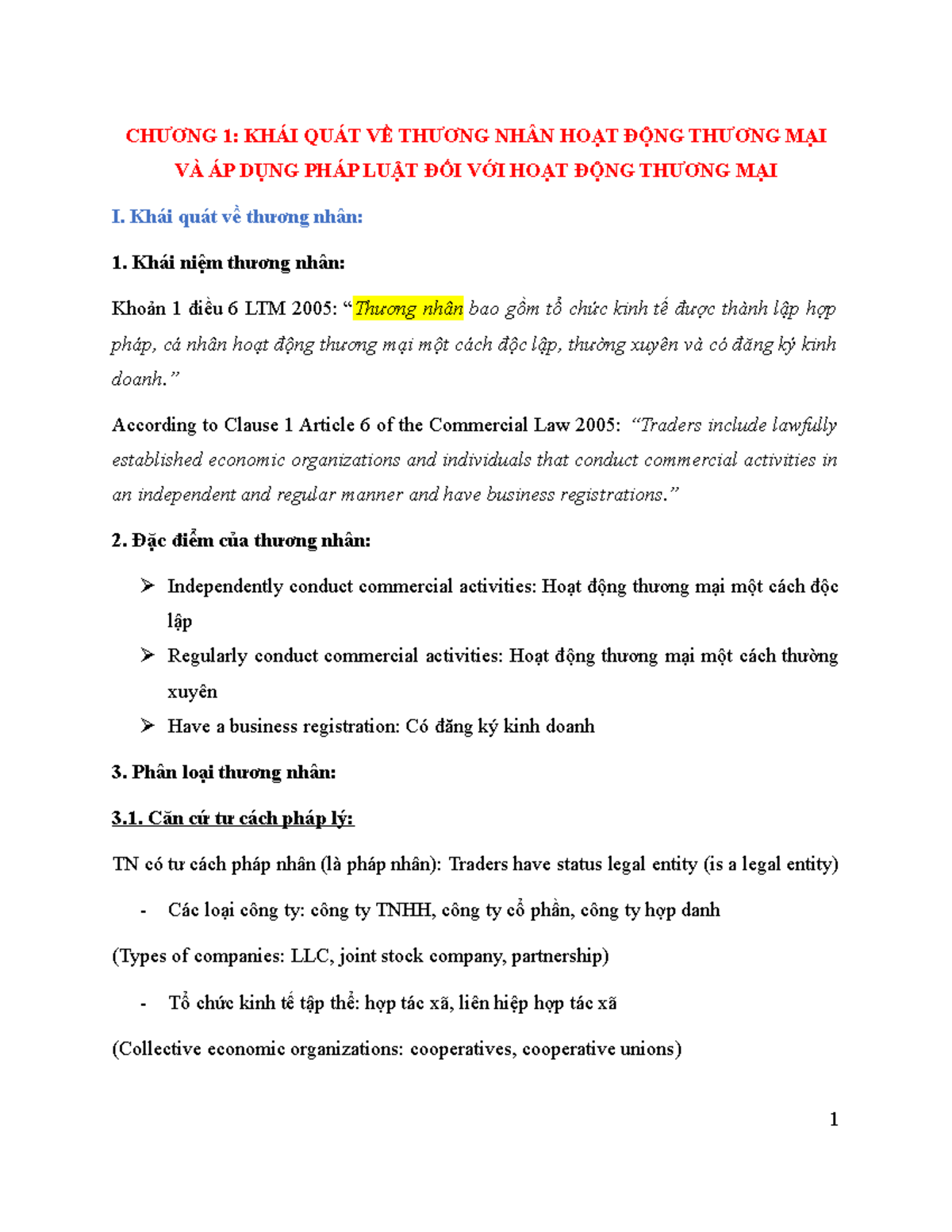 CHƯƠNG 1: KHÁI QUÁT VỀ THƯƠNG NHÂN VÀ HOẠT ĐỘNG THƯƠNG MẠI (LTM) - Document Preview
