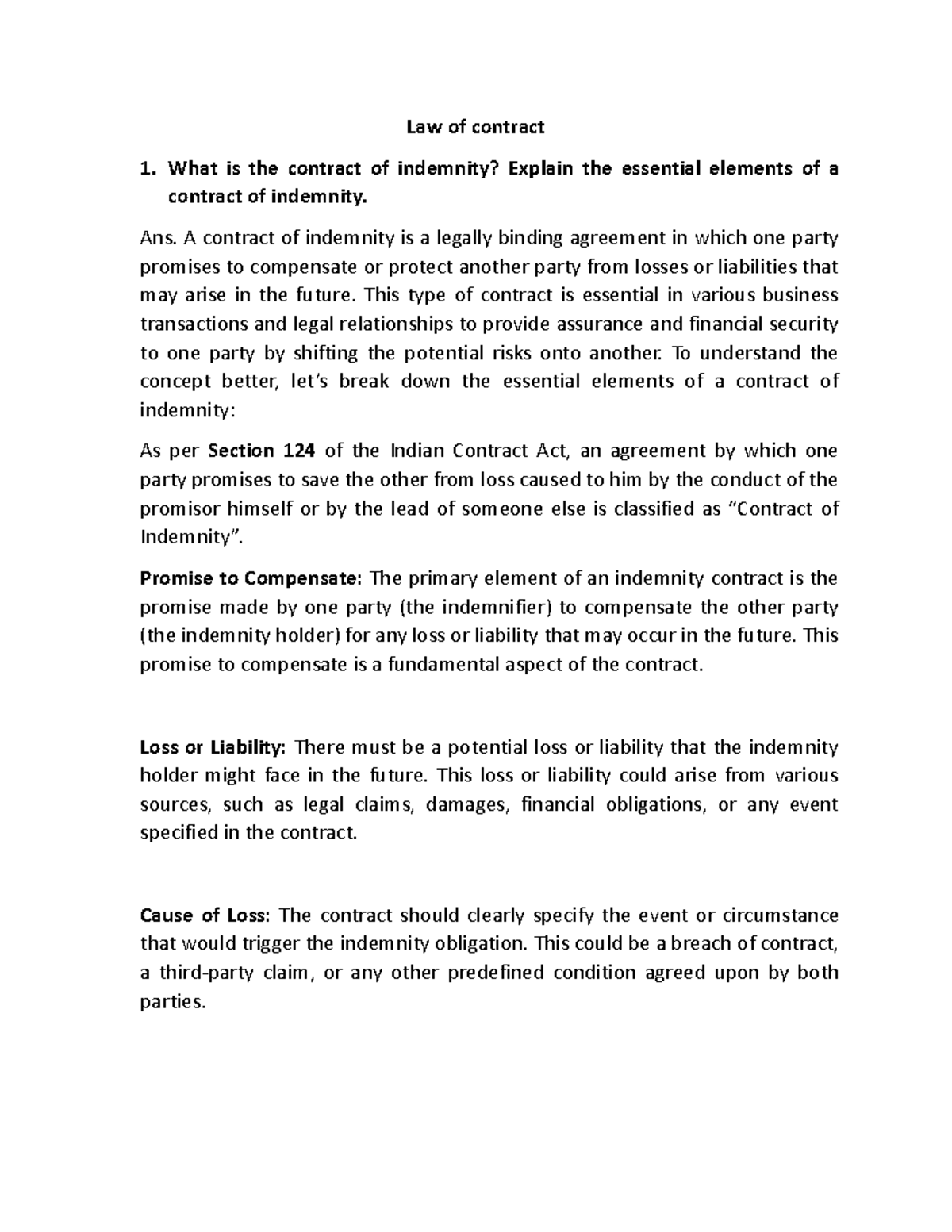 Law of Contract Assignment Answers: Indemnity, Bailment, Caveat Emptor ...