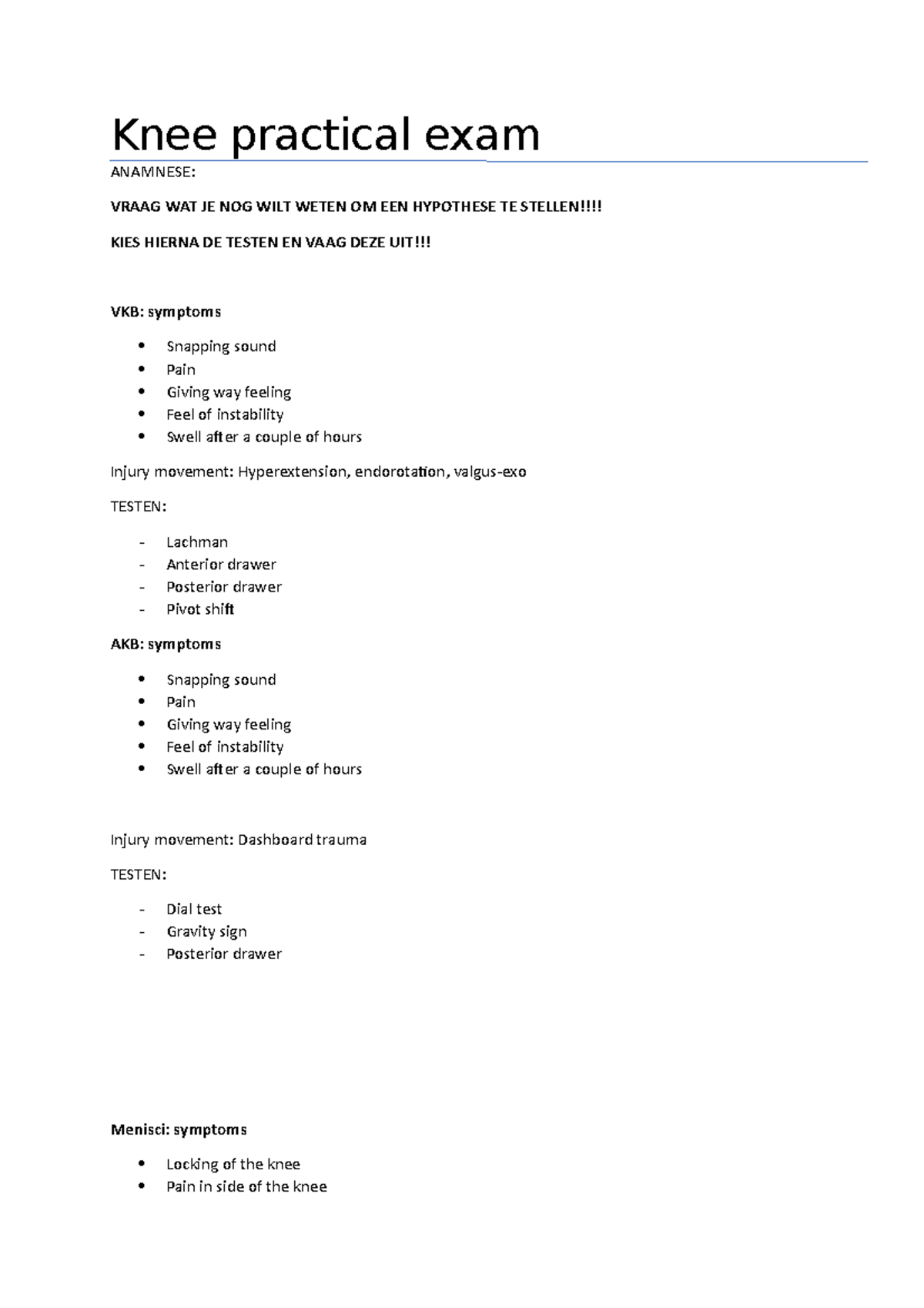 Knee Practical Exam Summary & Rehabilitation Approach - Studeersnel