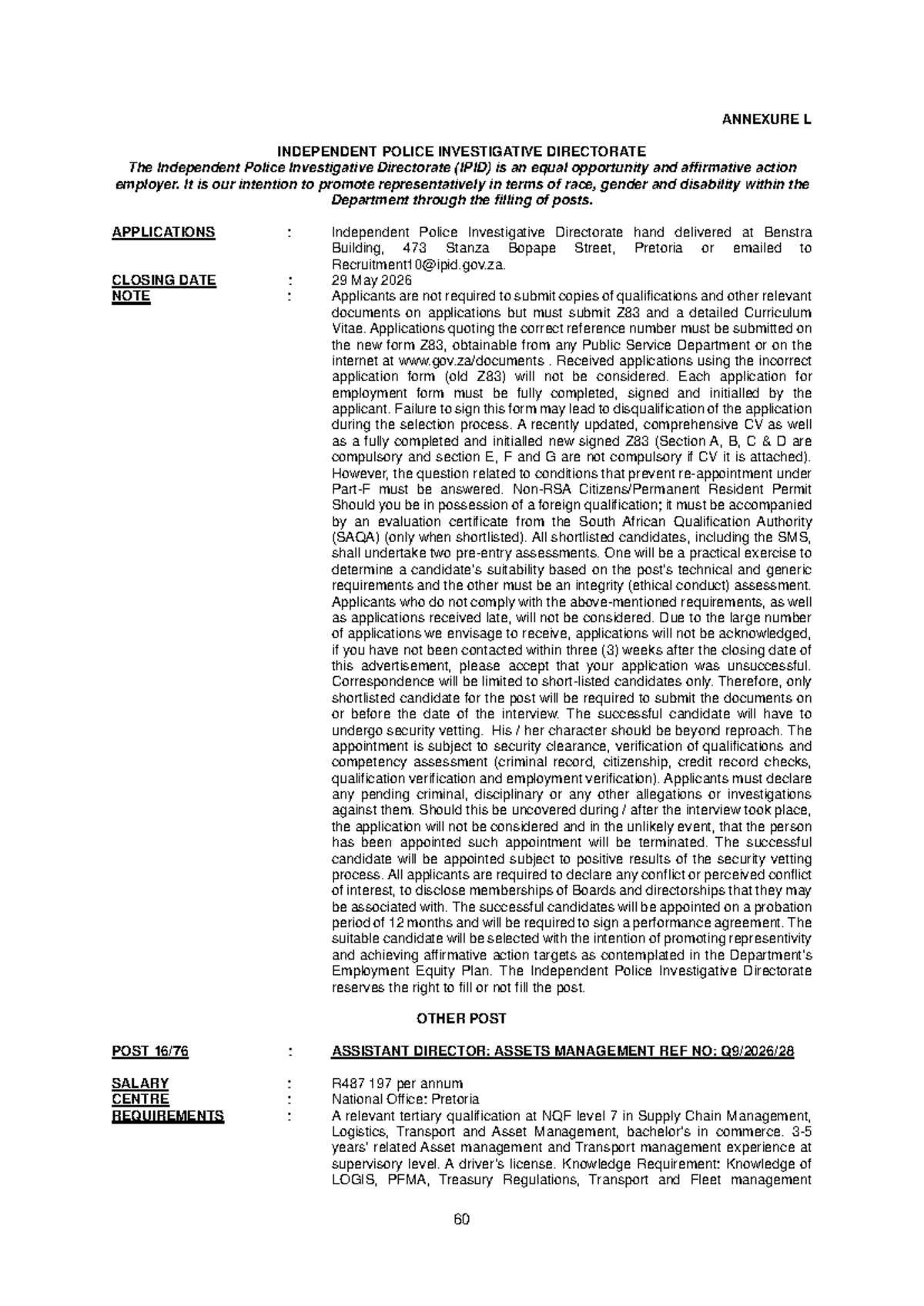 F12 - IPID Assistant Director: Assets Management Application Notes ...