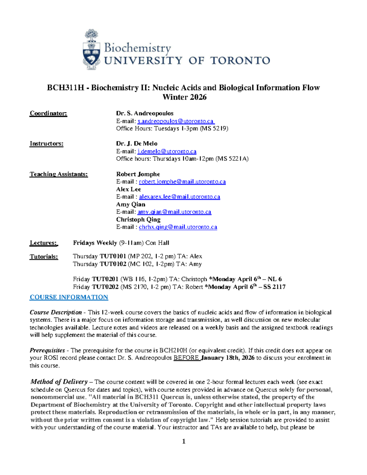 BCH311H Biochemistry II: Nucleic Acids & Info Flow Syllabus Winter 2026 ...