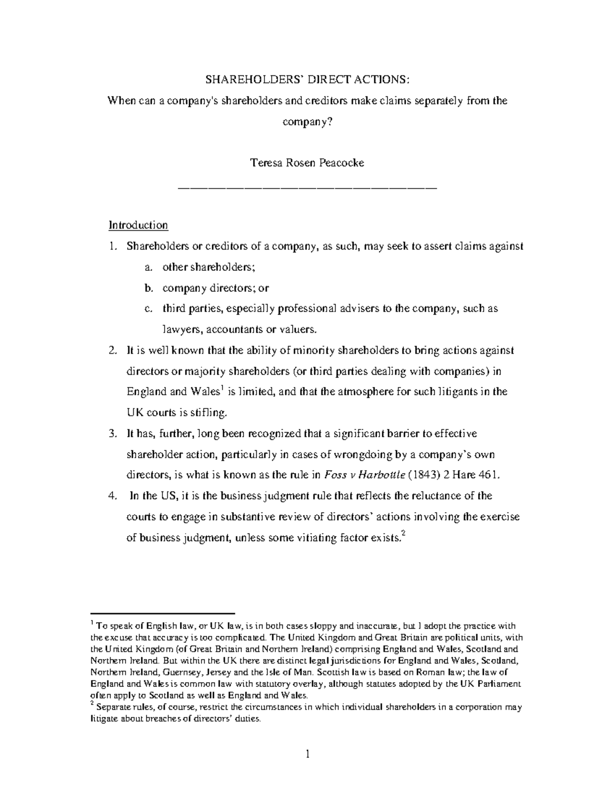 Shareholder Direct Actions in UK Law: Insights by T. Peacocke - Studocu
