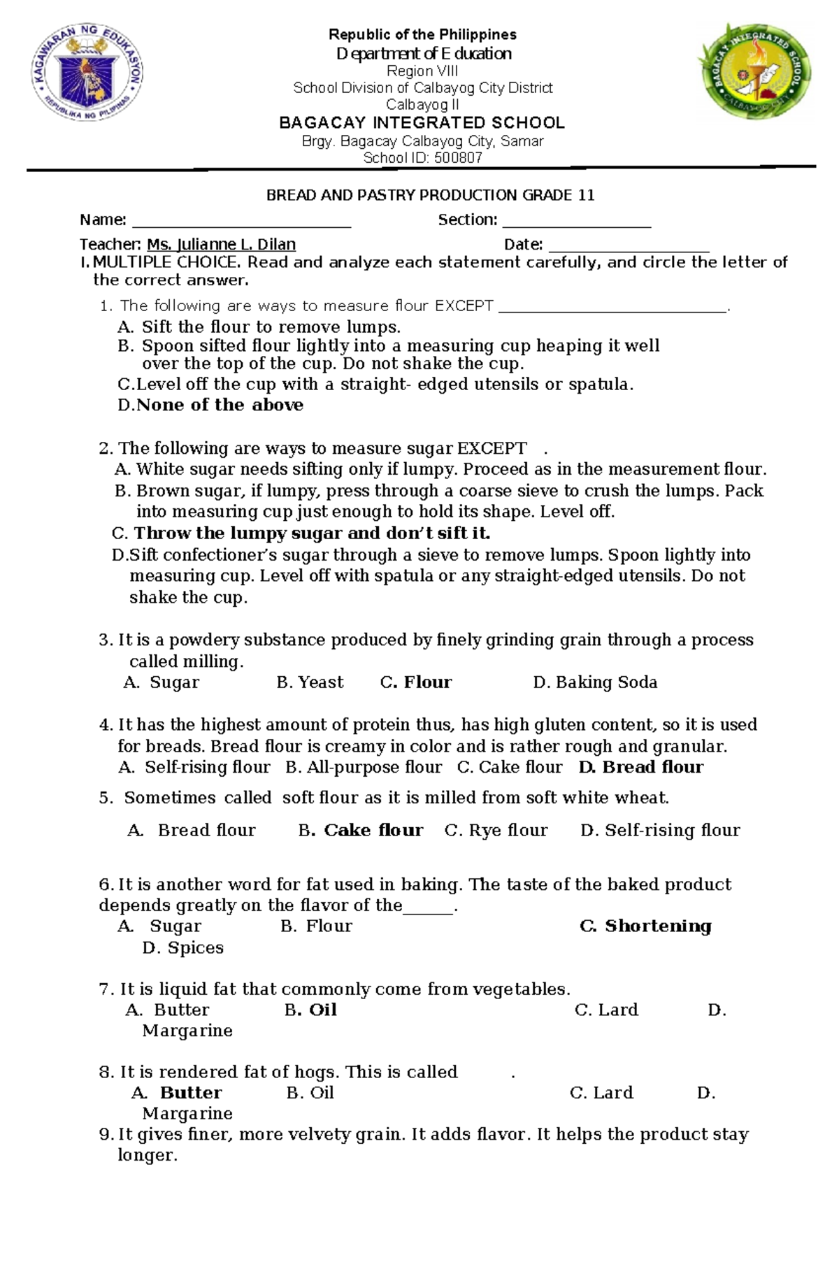 Bread and Pastry Production Grade 11 Quarter Exam Review Guide - Studocu
