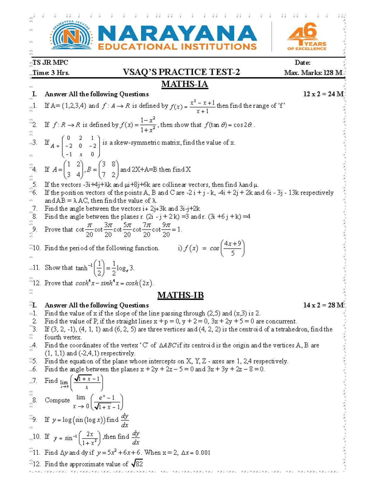 TG JR MPC VSAQ'S Practice Test-2: Maths-IA & Maths-IB Questions - Studocu