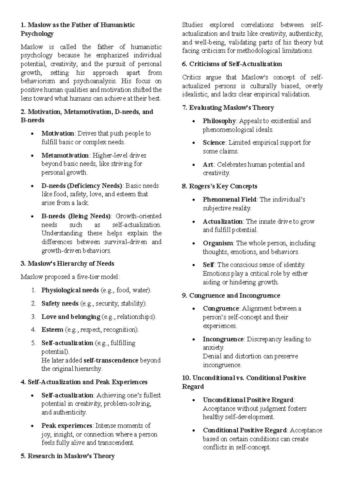 Maslow AND Rogers( Notes) - Maslow as the Father of Humanistic ...
