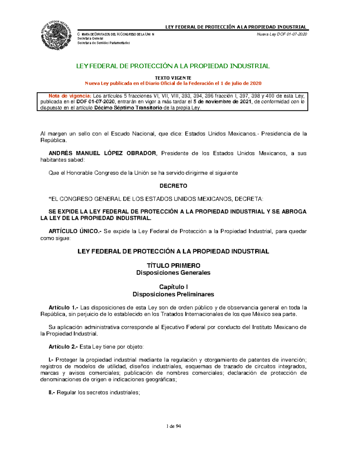 Ley Federal de Protección a la Propiedad Industrial - DOF 1 Julio 2020 ...