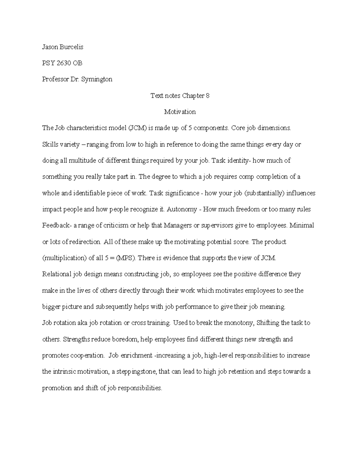 PSY 2630 OB: Chapter 8 Summary on Motivation and Job Design Essentials ...