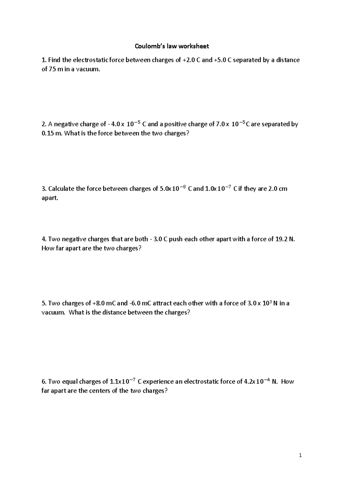 Coulomb's Law Worksheet (Physics 101) - Electrostatic Forces Analysis ...
