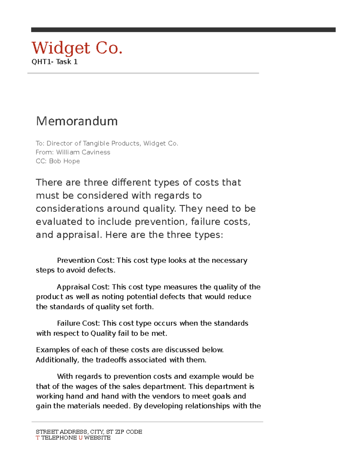 QHT1 - Task 1: Analysis of Quality Costs and Tradeoffs - Studocu