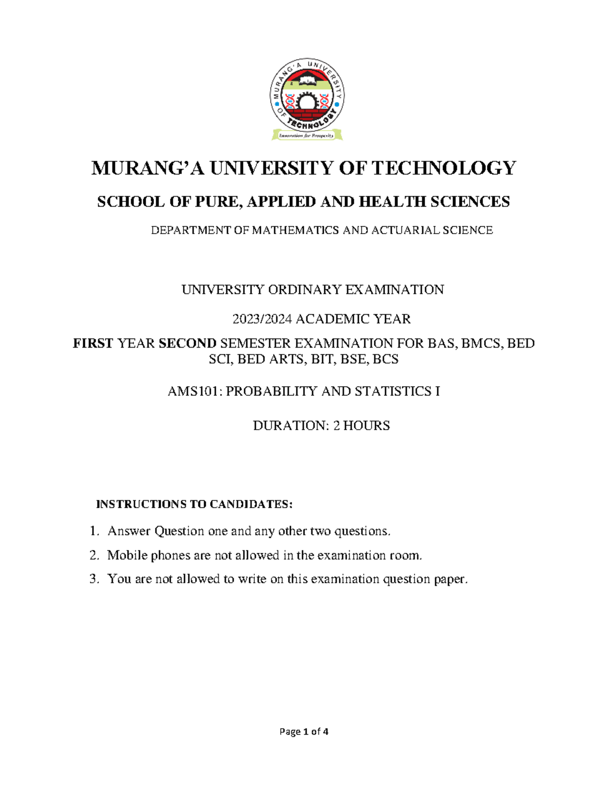AMS101 Probability and Statistics I - MURANG’A UNIVERSITY OF TECHNOLOGY ...
