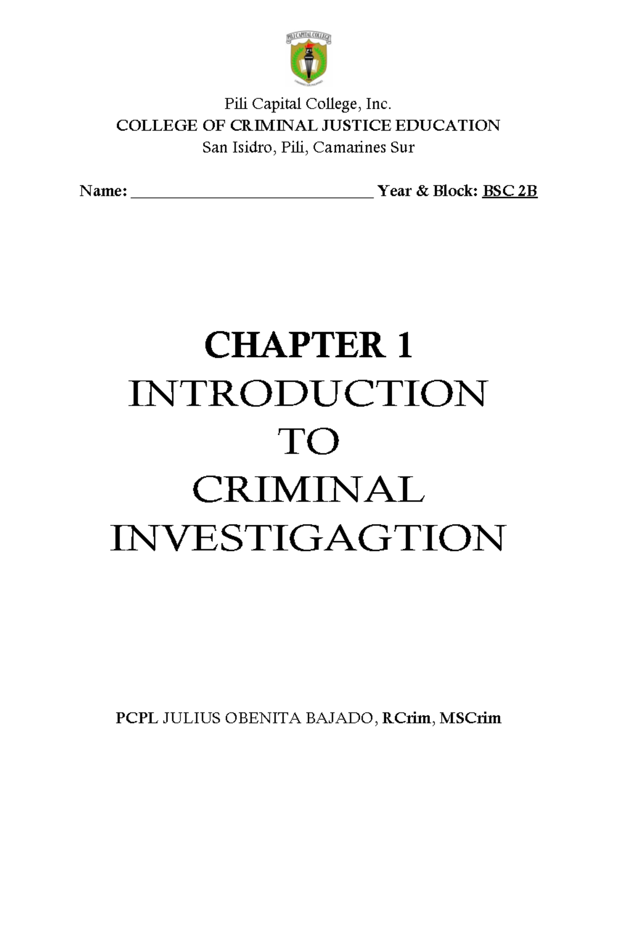 Chapter 1 CDI-1: Introduction to Criminal Investigation and Its Phases ...
