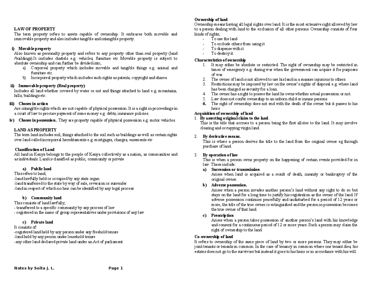 LAW OF PROPERTY - Comprehensive Overview & Key Concepts 2023 - Studocu