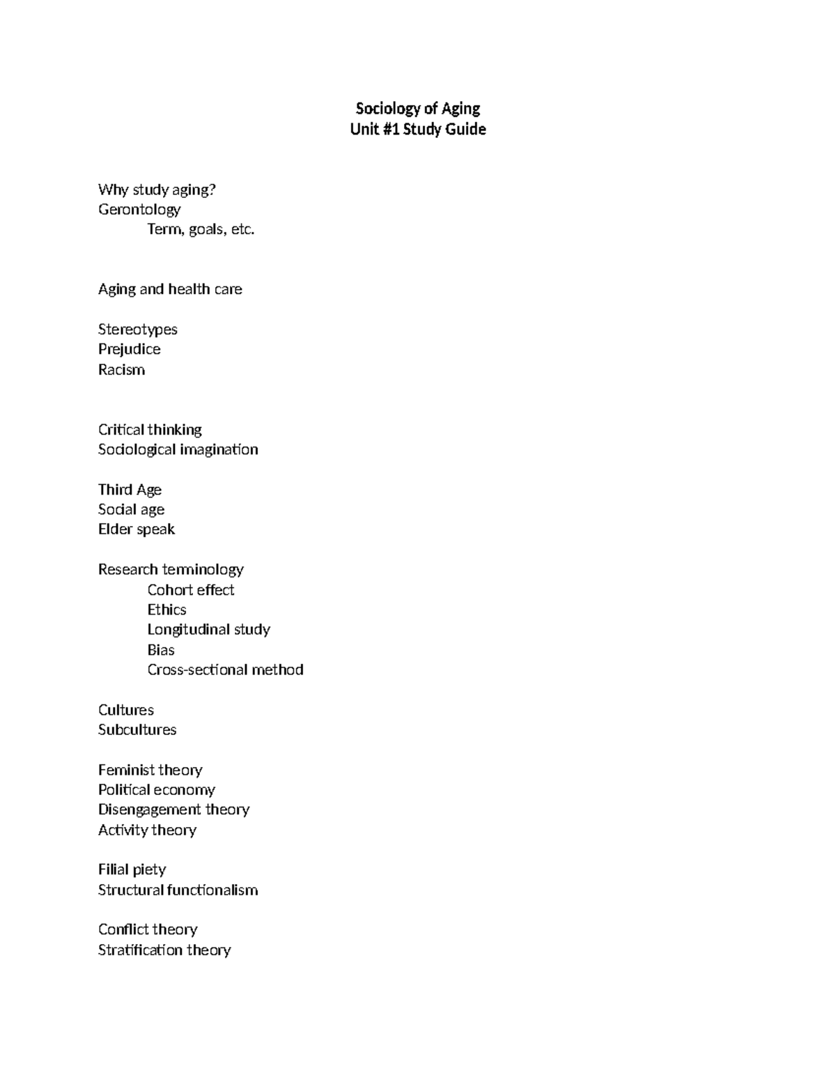 Sociology of Aging (GERO 101) Unit 1 Study Guide: Key Concepts ...