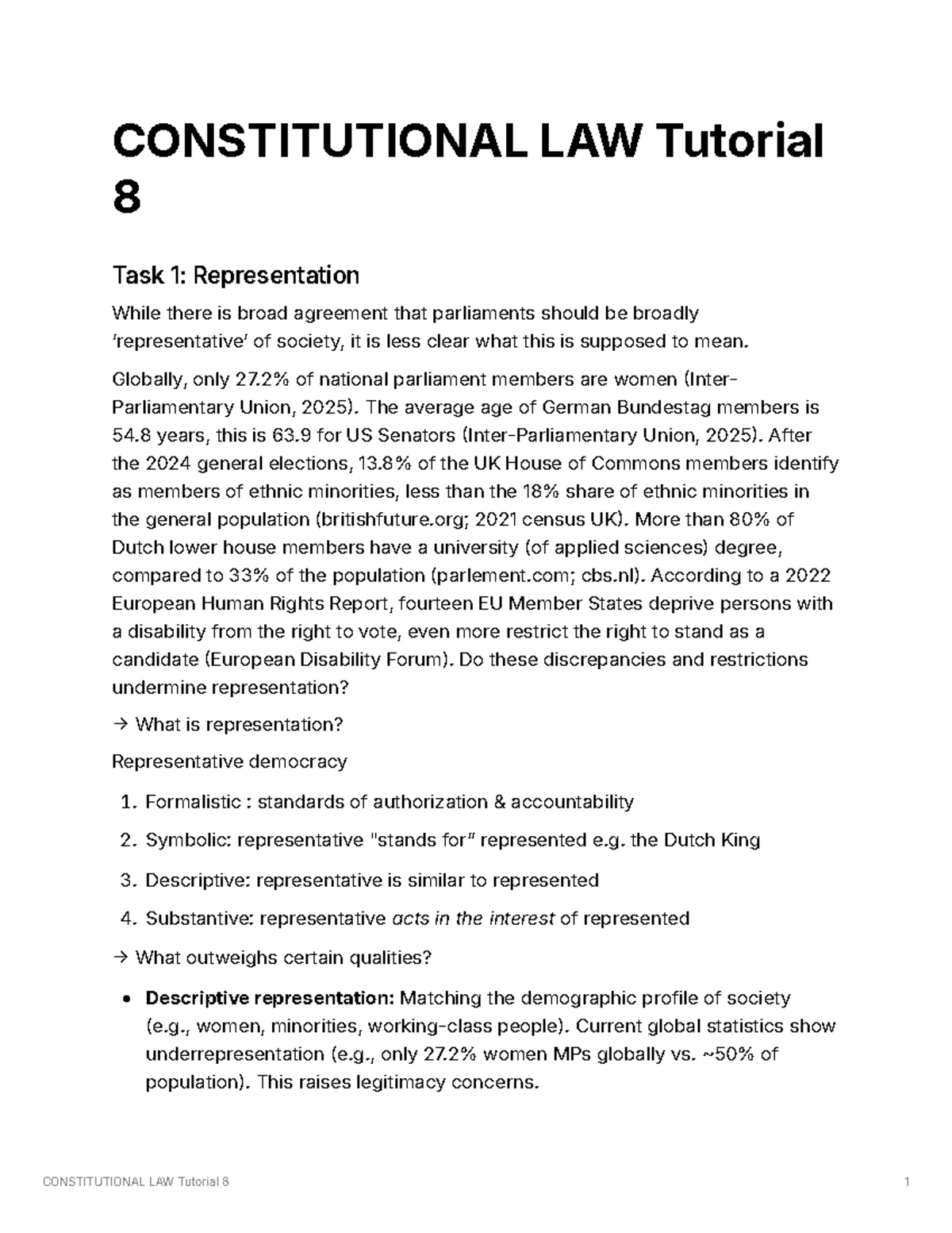 CONSTITUTIONAL LAW Tutorial 8: Representation and Democracy Analysis ...