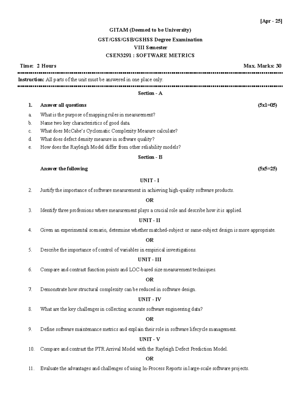 CSEN3291 Software Metrics Exam Guide and Key Concepts - Studocu