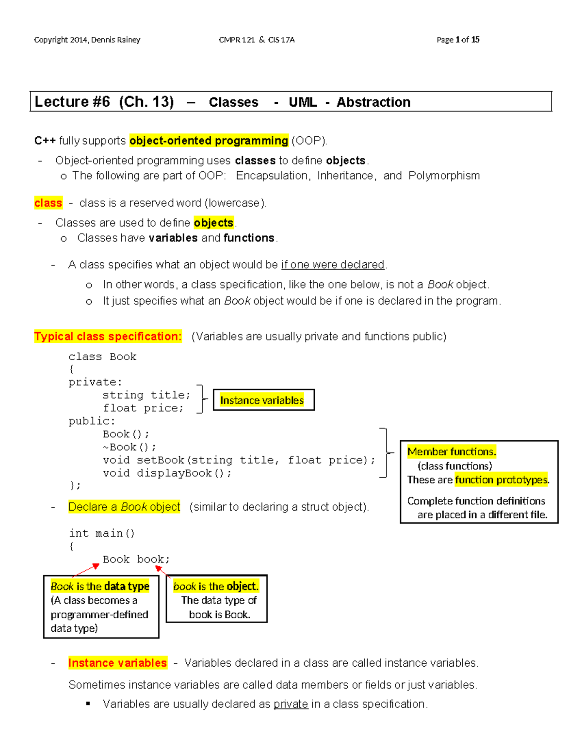 Class Implementation and OOP Principles in C++ - CMPR 121 Lecture Notes ...