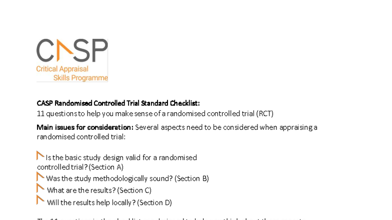 CASP RCT Checklist: 11 Key Questions for Appraising Trials - Studocu