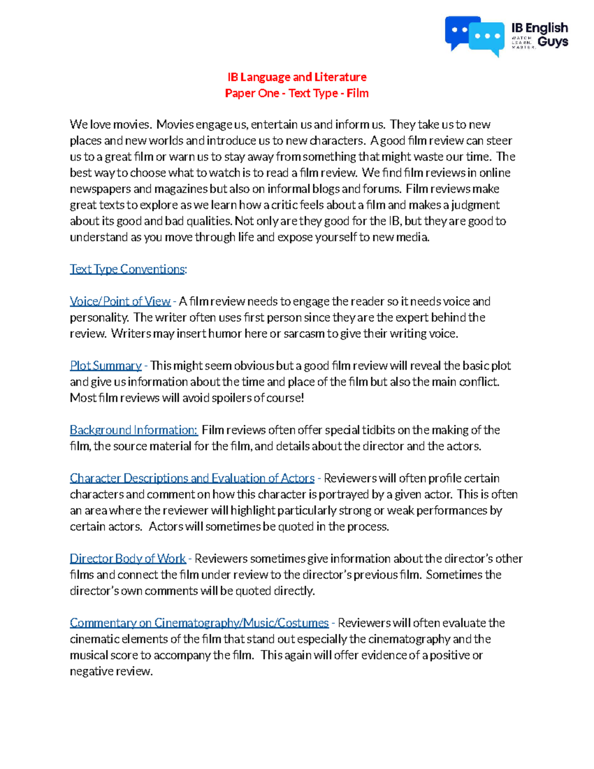 IB Language and Literature: Film Review Conventions Guide - Studocu