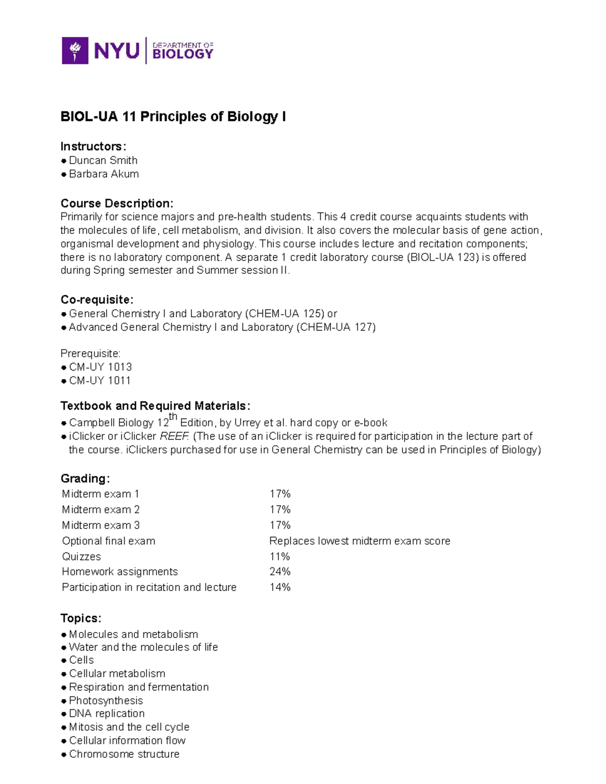 Biol 1013 Principles of Biology I syllabus and course details - Studocu