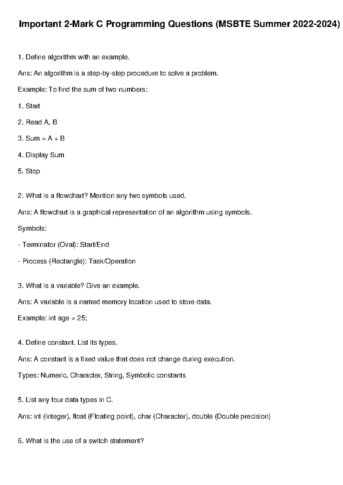 Important 2 Mark C Programming Questions (MSBTE Summer) - Studocu